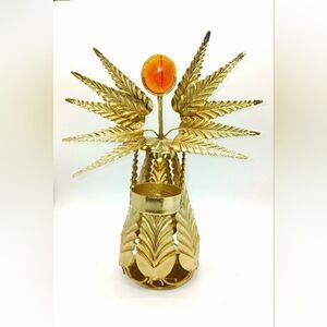 Vintage Brass Angel Candle Holder Rare Leaf Wings Amber Stone Head Unique  